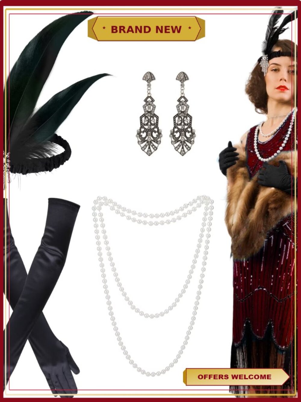 Vintage 1920s Fringe Evening Dress Gatsby Party Costume with Accessories